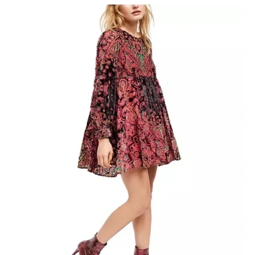 Free People Mirror Mirror Velvet Mini Dress in Wine Combo - Picture 1 of 14